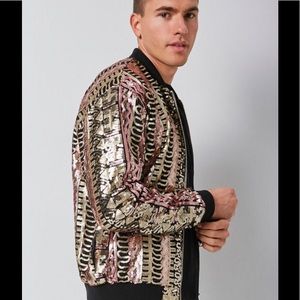 Forever 21 knit mesh sequin bomber pink gold -L